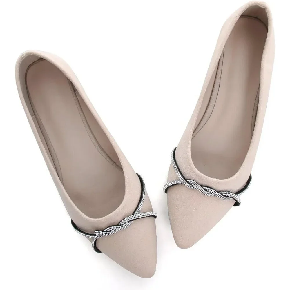 Women's Apricot Casual Flats Fashion Chain Pointed Toe Ballet Flat Rhinestone